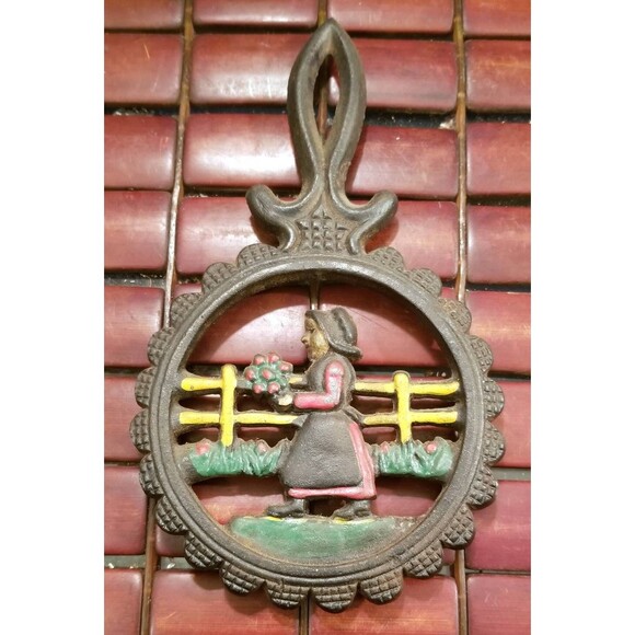 Vintage Pennsylvania Dutch Cast Iron Trivet Amish Woman Fraktur Good Luck - Picture 1 of 3